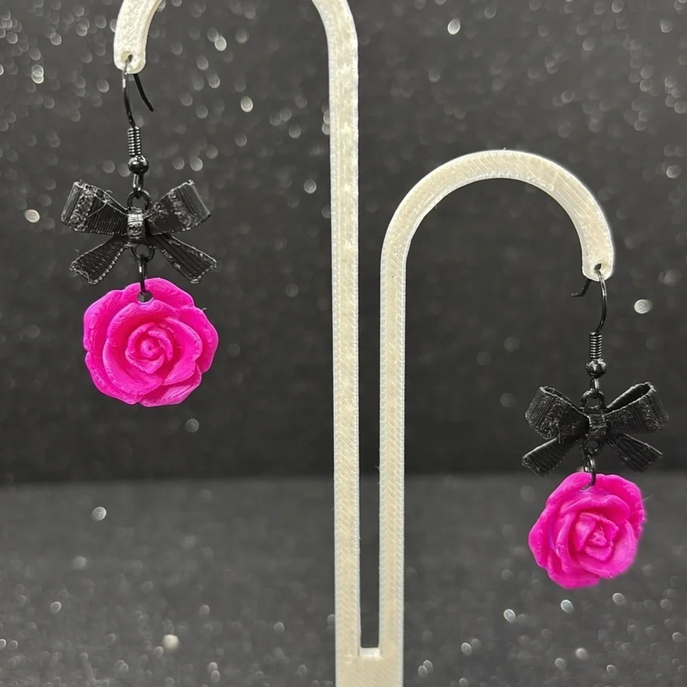 Pink Rose and Black Bow Earrings